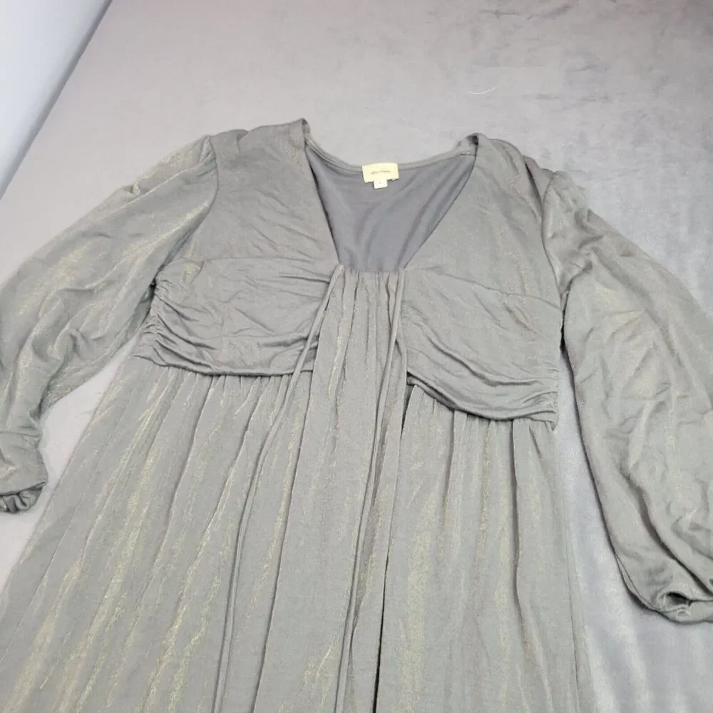 Ella Moss S Gray-Gold Metallic Long-Sleeve Boho Dress With Beaded Tie Accents - Picture 3 of 8
